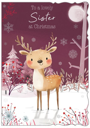 Make your sister's Christmas extra special with this enchanting card! Featuring an irresistibly cute reindeer amidst a magical winter wonderland, it's sure to bring a smile to her face. Twinkling snowflakes, festive trees adorned with berries, and a serene full moon create a truly heartwarming scene. The charming illustration and warm, inviting colours perfectly capture the joy of the season. This delightful card, wishing 'To a lovely Sister at Christmas', is ideal for expressing your affection. Stock up for the festive period with this popular design, available in a convenient pack of 6 from Out of The Blue Studios Ltd.