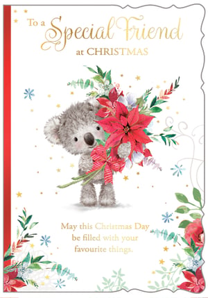 Spread festive cheer to a cherished female friend this Christmas with this utterly charming card from Out of The Blue Studios Ltd. Adorned with an irresistibly cute koala holding a vibrant bouquet of poinsettias and winter foliage, it's a truly heartwarming design.
The message 'To a Special Friend at CHRISTMAS, May this Christmas Day be filled with your favourite things' perfectly captures the spirit of the season. A delightful choice for any retailer, these beautiful cards are supplied in convenient packs of 6, ready to bring smiles to your customers' loved ones.