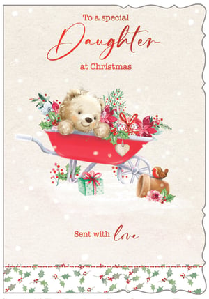 Delight your customers this festive season with our charming 'Daughter' Christmas card, from Out of The Blue Studios Ltd. This heartwarming design features an adorable teddy bear peeking from a festive red wheelbarrow, brimming with beautiful poinsettias, holly, and winter berries. Gentle snowflakes add a touch of seasonal magic, while a sweet robin and a little gift complete the enchanting scene.
The card is lovingly finished with the message "To a special Daughter at Christmas" and "Sent with love", making it the perfect way for parents to express their affection. With its delightful artwork and warm sentiment, this card is sure to be a popular choice for the holiday season. Available in a convenient pack size of 1x6, ensuring you're well-stocked for the festive rush.