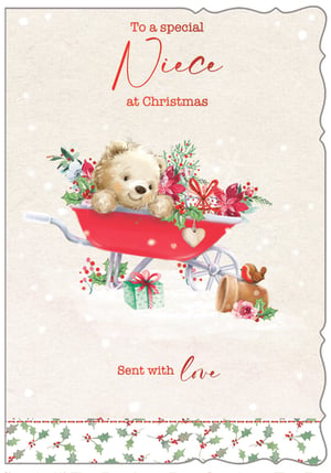 Send warm festive wishes to a special Niece this Christmas with this adorable card from Out of The Blue Studios Ltd. This delightful design features a sweet teddy bear peeking out from a festive red wheelbarrow, overflowing with holly, poinsettias, and berries, all set against a charming snowy backdrop. A little robin, wrapped gifts, and the heartfelt message 'Sent with love' complete this beautiful illustration. It's the perfect way to show your Niece how much she means to you during the holiday season. Available in a convenient pack of 6, these cards are sure to bring a smile.