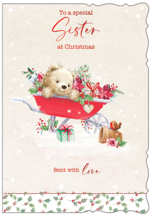 Celebrate the special bond with this heartwarming Christmas card, designed specifically for Sisters. From Out of The Blue Studios Ltd., this charming card features an adorable teddy bear peeking out from a festive red wheelbarrow, brimming with beautiful poinsettias, holly, and berries, all set against a gently falling snow backdrop.
The sweet message "To a special Sister at Christmas, Sent with love" perfectly captures the festive spirit and affection. This delightful design is sure to bring a smile to any sister's face this holiday season. Available in a convenient pack size of 1x6, it's an ideal addition to your seasonal greeting card collection.