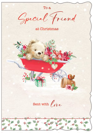 Spread festive joy with our charming 'Friend Female' Christmas card. This delightful design captures the spirit of the season with an adorable teddy bear nestled in a bright red wheelbarrow, overflowing with festive holly, poinsettias, and berries. Gentle snowflakes drift around a sweet robin, adding to the heartwarming winter scene.
With the heartfelt messages 'To a Special Friend at Christmas' and 'Sent with love', this card is perfect for conveying warm wishes. Produced by Out of The Blue Studios Ltd., these beautiful cards are a wonderful choice for your customers. Available in a convenient pack size of 1x6, they are an essential addition to your seasonal greeting card range.