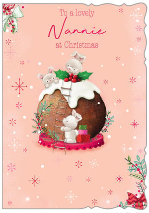 Spread festive cheer to Nannie this Christmas with our adorable 'Nannie' Christmas card! This charming design features cute bunnies busily decorating a delicious Christmas pudding. One little bunny proudly tops the pudding with holly, while another peeks out from the side, and a third climbs a ladder with festive gifts at the base.
Set against a soft, warm background adorned with delicate snowflakes and seasonal foliage, this heartwarming card perfectly captures the magic of the holidays. Crafted with care by Out of The Blue Studios Ltd., these high-quality cards are a wonderful way to show Nannie how much she's loved. Available in a convenient pack of 6, ensuring you're ready for the festive season. A truly special way to send your warmest wishes!