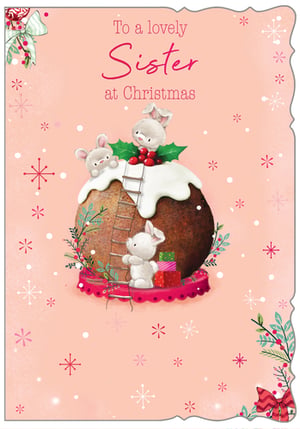 Make her Christmas extra special with this charming 'Sister' card from Out of The Blue Studios Ltd. This delightful design captures three adorable bunnies, busy preparing a festive Christmas pudding, complete with snowy icing and vibrant holly. One little bunny proudly tops the pudding, while another peeks over the side, and a third stands ready with a ladder and tiny gifts – a truly heartwarming scene! The sweet "To a lovely Sister at Christmas" message is beautifully presented on a soft pink background adorned with delicate snowflakes. Available in a convenient 1x6 pack size, this card is a wonderful addition to your festive collection, offering customers a beautiful way to send love to their sisters.