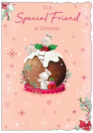 Spread festive cheer to a special friend this Christmas with this utterly charming card from Out of The Blue Studios Ltd. Featuring adorable bunnies busily decorating a delicious Christmas pudding, complete with a dusting of snow and festive holly, it's a truly heartwarming design. The soft pink background, adorned with delicate snowflakes and seasonal foliage, adds to its sweet appeal. Perfect for sending warm wishes to a cherished female friend, this card beautifully captures the magic and joy of the season. Available in convenient packs of six, it’s an ideal choice for your festive card collection.