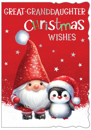 Make her Christmas extra special with this absolutely adorable Great Granddaughter Christmas card! Featuring a charming gnome and a super cute penguin, both dressed in festive Santa hats, this card is sure to bring a smile to any great-granddaughter's face. The vibrant red background, sparkling snow, and playful characters create a truly heartwarming design.
Perfect for retailers looking to stock high-quality, delightful Christmas greetings. Supplied by Out of The Blue Studios Ltd., each pack contains 6 of these wonderful cards, ready to spread festive cheer. A must-have for your seasonal collection!