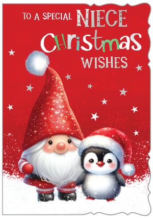 Make your Niece's Christmas extra special with this enchanting card! Featuring an adorable gnome and a charming penguin, both sporting festive Santa hats, this design is sure to bring a smile. The vibrant red background, sprinkled with sparkling snow and stars, perfectly sets the scene for heartwarming Christmas wishes.
With "TO A SPECIAL NIECE Christmas WISHES" beautifully displayed, this delightful card from Out of The Blue Studios Ltd. is ideal for conveying festive cheer. Stock up on this popular design, available in convenient packs of 6, and help your customers share joy this holiday season.