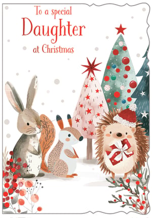 Send warm festive wishes to a special daughter with this enchanting Christmas card from Out of The Blue Studios Ltd. This adorable watercolour illustration captures the magic of the season with a charming snowy woodland scene. A sweet hedgehog, wearing a Santa hat, holds a festive gift, while a rabbit and squirrel enjoy the winter wonderland amidst beautifully decorated Christmas trees and vibrant berries.
The heartwarming design and thoughtful message "To a special Daughter at Christmas" make it the perfect choice for showing love and appreciation during the festive period. Offer your customers this delightful card, ideal for celebrating that cherished bond. Available in a convenient pack size of 1x6.