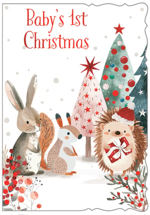 Celebrate a truly special milestone with our enchanting 'Baby's First Christmas' card, brought to you by Out of The Blue Studios Ltd. This adorable design captures the magic of the season with a charming watercolour illustration featuring sweet woodland friends – a rabbit, squirrel, and a festive hedgehog in a Santa hat, holding a tiny gift. Decorated Christmas trees and falling snow complete this heartwarming scene.
It's the perfect keepsake for new parents to cherish their little one's very first festive season. Stock up on this popular design, available in a convenient wholesale pack of six, and offer your customers a truly memorable card.