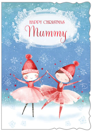 Make Mummy's Christmas extra special with this enchanting card from Out of The Blue Studios Ltd. Featuring two delightful little ballerinas in festive red and pink tutus, dancing gracefully amidst a flurry of snowflakes and sparkling stars, this design perfectly captures the magic of the season. The sweet illustration and warm "HAPPY CHRISTMAS Mummy" message make it an ideal choice for children to send their love. Each card is beautifully crafted, ensuring a memorable greeting. Available in a convenient pack size of 1x6, this charming card is sure to be a popular pick for your customers this festive season.