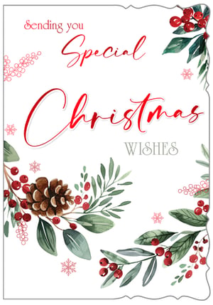 Get ready for the festive season with our beautiful 'Open Male' Christmas card, brought to you by Out of The Blue Studios Ltd. This charming card features a delightful watercolour design, showcasing classic Christmas elements like lush green foliage, vibrant red berries, and a rustic pinecone. The elegant script reads "Sending you Special Christmas Wishes," making it perfect for conveying heartfelt greetings to friends and family. Subtle snowflakes add a touch of winter magic, all framed by a decorative border. Each pack contains 6 of these lovely cards, ready to bring joy to your customers this holiday season.