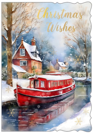 Capture the serene beauty of a winter wonderland with this exquisite Christmas card from Out of The Blue Studios Ltd. This charming watercolour design features a vibrant red canal boat, gently moored amidst snow-dusted cottages and frosty trees, its reflection shimmering on the tranquil water. Delicate golden snowflakes add a touch of sparkle, perfectly complementing the elegant 'Christmas Wishes' in shimmering gold foil. Evoking a sense of peaceful, traditional festive cheer, this card is ideal for sending warm greetings to anyone special this holiday season. Available in a convenient pack of 6, it’s a truly picturesque way to share your seasonal sentiments.