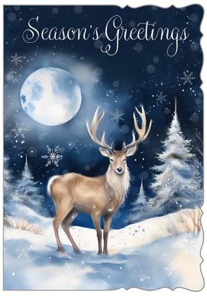 Embrace the magic of winter with our enchanting 'Open Male' Season's Greetings card. This exquisite design from Out of The Blue Studios Ltd. captures a serene snowy landscape under a luminous full moon, where a magnificent stag stands proudly amidst falling snowflakes and frosted evergreen trees. The beautiful watercolour artistry brings a peaceful yet festive charm, making it a truly special way to send warm wishes.

Perfect for the holiday season, this card offers a timeless appeal that will delight your customers. Each pack contains 6 cards, ready to add a touch of winter wonder to your retail collection. Stock up on this captivating design and help your customers share the joy of the season.