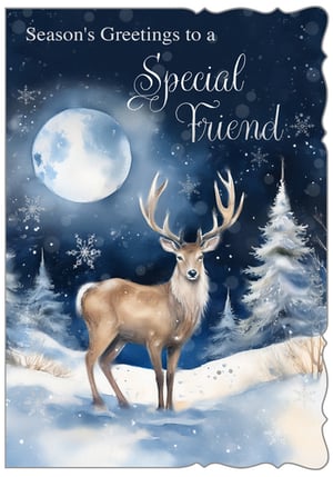 Send warm wishes this festive season with our beautiful 'Friend Male' Christmas card. Featuring a stunning watercolour illustration from Out of The Blue Studios Ltd., this card captures the serene beauty of a winter night. A magnificent stag stands gracefully in a snowy landscape, bathed in the soft glow of a full moon, with delicate snowflakes falling all around. The heartfelt message "Season's Greetings to a Special Friend" makes it perfect for conveying your warmest thoughts. Each pack contains 6 cards, ready to delight your customers. A truly enchanting design for a special male friend.