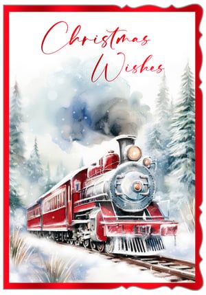 Capture the magic of the season with this stunning Christmas card from Out of The Blue Studios Ltd. This beautifully illustrated design features a classic red steam train, majestically making its way through a peaceful, snow-covered winter forest. The charming watercolour style brings to life a scene of festive nostalgia, complete with snow-dusted pine trees and a whimsical puff of smoke. Adorned with elegant "Christmas Wishes" script, it's the perfect way to send heartfelt greetings. Ideal for a wide range of recipients, these delightful cards are sure to be a popular choice. Each pack contains 6 cards, ready to add a touch of wonder to your festive offerings.