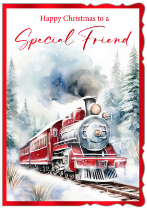 Send warm festive wishes with this enchanting Christmas card, perfect for a special friend. Featuring a beautifully illustrated red steam train chugging through a snowy winter wonderland, this design evokes a sense of classic Christmas magic and nostalgia. The soft watercolour artistry captures the serene beauty of a frosty forest, complete with a puff of steam adding to the charm.
The heartfelt message 'Happy Christmas to a Special Friend' is elegantly presented, making this card an ideal choice for conveying your warmest seasonal greetings. Crafted with care by Out of The Blue Studios Ltd., these delightful cards are available for wholesale in convenient packs of six, ready to bring joy to your customers this holiday season.