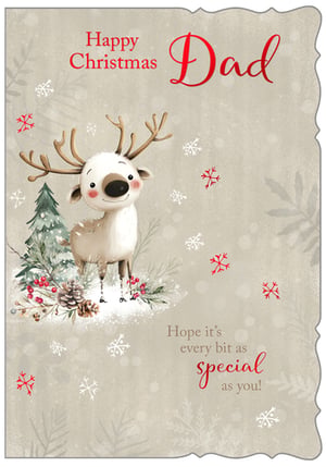 Send warm festive wishes to Dad with this adorable Christmas card from Out of The Blue Studios Ltd. This charming design features a sweet, smiling reindeer nestled in a snowy winter wonderland, complete with a festive Christmas tree, red berries, and pinecones. The heartfelt message, "Happy Christmas Dad, Hope it's every bit as special as you!", is beautifully presented in a mix of classic and elegant red script. Perfect for showing appreciation to Dads during the holiday season, this delightful card is sure to bring a smile. Available in a convenient pack of 6, making it an ideal choice for your seasonal card selection.
