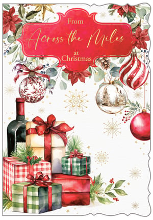 Send warm wishes this festive season with our beautiful 'Across The Miles' Christmas card. Perfect for loved ones far away, this card features a charming watercolour design by Out of The Blue Studios Ltd.
Adorned with festive poinsettias, elegant baubles, and a delightful stack of gifts alongside a wine bottle, it evokes the true spirit of Christmas. The rich red banner with gold script adds a touch of classic elegance, while subtle snowflakes complete the winter scene.
Stock up on these heartfelt cards, available in a convenient 1x6 pack, and help your customers share their love across any distance this Christmas.