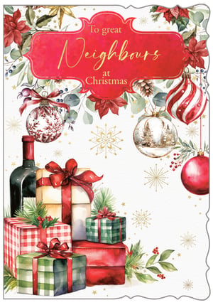 This beautiful Christmas card, 'Neighbours', from Out of The Blue Studios Ltd. is designed to help your customers share festive warmth with those next door. Adorned with a classic watercolour illustration, it features traditional poinsettias, elegant baubles, and a delightful arrangement of Christmas gifts and a bottle of wine, all set against a backdrop of delicate snowflakes and stars. The prominent message 'To great Neighbours at Christmas' is perfect for expressing seasonal appreciation. Available in a convenient pack of 6, this card is a wonderful addition to any festive collection, offering a touch of traditional charm.
