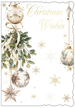 Share your festive spirit with this beautiful "Christmas Wishes" card. Adorned with a delicate watercolour design, it brings together the elegance of the season. Lush greenery and mistletoe are gracefully arranged with charming baubles and a lovely star, all presented in a serene palette of soft greens, creams, and subtle gold accents. Gentle snowflakes drift across the white background, creating a peaceful winter scene. This card offers a delightful way to convey your holiday greetings and spread cheer to friends and family.