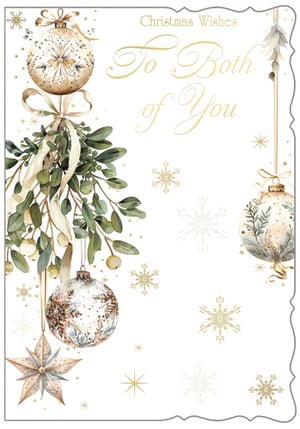 Introduce a touch of timeless elegance to your Christmas card selection with our 'To Both Of You' design. This beautiful card features exquisite watercolour illustrations of festive mistletoe, delicate baubles, and shimmering snowflakes, all in a sophisticated palette of soft greens, creams, and golds. The heartfelt message 'To Both Of You' is presented in a charming script, making it perfect for sending warm wishes to couples, friends, or family this holiday season. Its classic appeal ensures it will be a popular choice for your customers. Each pack contains 6 high-quality cards, supplied by Out of The Blue Studios Ltd. Offer your customers a truly special way to share their Christmas wishes.