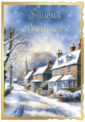 Capture the magic of a winter wonderland with our enchanting 'Open' Season's Greetings card. This exquisite design from Out of The Blue Studios Ltd. features a picturesque snowy village scene, complete with charming cottages, a quaint church spire, and snow-dusted trees under a serene, sparkling sky. The elegant gold "Season's Greetings" message adds a touch of festive sophistication. Perfect for spreading warmth and cheer, this card evokes a truly heartwarming Christmas spirit. Available in a convenient pack size of 1x6, it's an ideal addition to your seasonal stationery collection, ready to delight your customers.