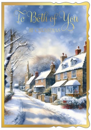 Introduce a touch of festive charm to your Christmas card range with our delightful 'To Both Of You' card. From Out of The Blue Studios Ltd., this beautiful design captures the serene magic of a snowy village scene, featuring quaint cottages and a distant church under a gently falling snow. The elegant gold script conveys a warm message "To Both of You AT CHRISTMAS," making it a perfect choice for couples, friends, or family. This card is sure to evoke feelings of peace and joy during the holiday season. Available in a convenient pack size of 1x6, it's an ideal addition to your seasonal collection.