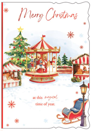 Bring the magic of Christmas to your customers with our enchanting "Open" Christmas card. This delightful design, from Out of The Blue Studios Ltd, captures a festive market scene in beautiful watercolour. A charming carousel takes centre stage, surrounded by twinkling Christmas trees and bustling market stalls. A vintage sleigh and lamppost add a touch of nostalgic charm. The card features the heartfelt message "Merry Christmas at this magical time of year." Perfect for spreading joy, these cards come in a convenient pack of 6, ready to brighten up any display. Offer your customers a truly special way to send their seasonal greetings.