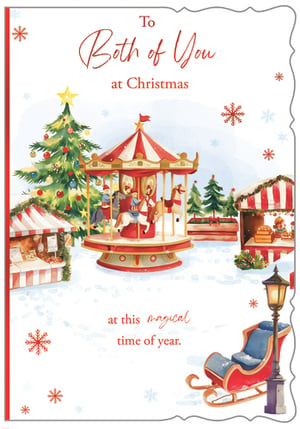 Capture the heartwarming spirit of the season with our 'To Both Of You' Christmas card. This charming design features a beautifully illustrated festive market scene, complete with a classic carousel, a twinkling Christmas tree, and snow-dusted stalls. The gentle watercolour style evokes a truly magical atmosphere, perfect for sending warm wishes. With the thoughtful message 'To Both of You at Christmas at this magical time of year,' it’s an ideal choice for couples. Stock up on these delightful cards, available in a convenient pack of 1x6, and help your customers share the joy this Christmas.