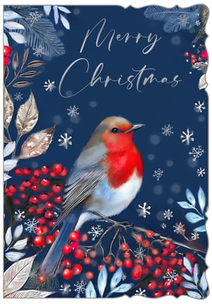 Bring festive cheer to your customers with this truly enchanting Christmas card from Out of The Blue Studios Ltd. Featuring a beloved robin, a quintessential symbol of the season, perched gracefully amidst a flurry of delicate snowflakes and vibrant red berries. The rich, deep blue background provides a stunning contrast to the bird's iconic red breast and the elegant silver foliage. A beautifully scripted 'Merry Christmas' message adds a touch of classic charm. This delightful design captures the magic of winter, making it the perfect choice for sending warm wishes. Available in a convenient pack size of 1x6, it's an ideal addition to any seasonal card display.
