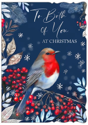 Offer your customers a touch of classic Christmas charm with the 'To Both Of You' card. This beautiful design features a beloved robin, its vibrant red breast a striking contrast against a backdrop of rich blue, adorned with frosty foliage, festive red berries, and delicate snowflakes. The elegant silver text, "To Both of You AT CHRISTMAS," adds a sophisticated finish, making it perfect for sending warm wishes to a special couple. Supplied by Out of The Blue Studios Ltd., these delightful cards come in a convenient pack of 6, ready to bring festive cheer to any retail display this holiday season.