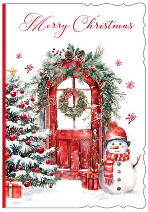 Welcome the festive season with our charming 'Open' Christmas card, featuring a delightful watercolour scene that captures the heart of winter. A warm red door, beautifully adorned with a lush wreath and garland, sets a welcoming tone. To the left, a snow-dusted Christmas tree twinkles with red baubles and a golden star, while a friendly snowman, complete with a cosy red hat and striped scarf, stands guard with festive presents. Falling snowflakes add a touch of magic to this traditional setting. With its classic 'Merry Christmas' message, this card is perfect for spreading holiday cheer. Each pack contains 6 cards, ready to bring joy to your customers.