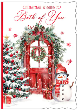 Spread festive cheer with our delightful 'To Both Of You' Christmas card, perfect for couples, friends, or family. This charming design from Out of The Blue Studios Ltd. features a beautifully decorated red door, a snow-laden Christmas tree adorned with red baubles, and a friendly snowman in a cosy red hat and scarf. The watercolour style evokes a warm, traditional Christmas feel, complete with falling snowflakes. Ideal for sending heartfelt wishes this holiday season. Available in a convenient pack of 6, making it easy to stock up for your customers.
