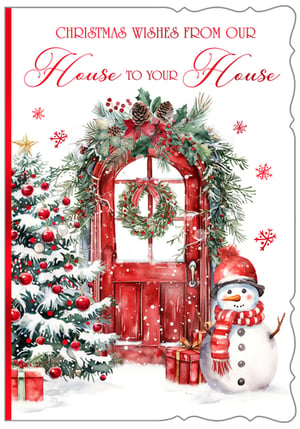 Send heartwarming festive greetings this season with our charming 'House to House' Christmas cards. This delightful design captures the magic of Christmas with a snow-covered red door, beautifully adorned with a festive wreath and garlands. A cheerful snowman, complete with a red hat and scarf, stands beside a twinkling Christmas tree and festive presents, all under a flurry of snowflakes.
The elegant message "CHRISTMAS WISHES FROM OUR House TO YOUR House" perfectly conveys seasonal warmth and connection. Ideal for spreading joy, these cards are a wonderful addition to any Christmas collection. Each pack contains six cards, ready to brighten homes far and wide. From Out of The Blue Studios Ltd., these cards are sure to bring smiles this festive season.