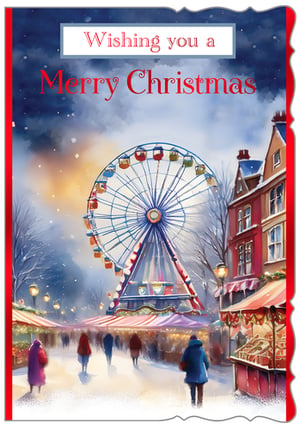 Capture the enchanting spirit of the festive season with this beautiful Christmas card. Featuring a stunning watercolour illustration, it transports you to a bustling winter market scene, complete with a magnificent Ferris wheel, twinkling lights, and snow-dusted stalls. People stroll through the market, creating a warm and inviting atmosphere. The card elegantly displays the message 'Wishing you a Merry Christmas' on the front, making it a perfect choice for spreading holiday cheer. As an 'Open' card, it offers ample space inside for a heartfelt, personalised message. Each pack contains 6 of these delightful cards, ready to bring joy to friends and family. A truly magical design for your Christmas collection.