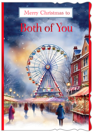 "To Both Of You" Christmas Card – a truly enchanting choice for your customers this festive season. From Out of The Blue Studios Ltd., this beautiful card captures the magic of a winter wonderland.
The delightful illustration features a bustling Christmas market, complete with a magnificent Ferris wheel glowing against a twilight sky. Gentle snow falls over charming market stalls and happy shoppers, creating a wonderfully heartwarming scene.
Perfect for sending warm wishes to a special couple, this card conveys a thoughtful and personal message. Its painterly style and vibrant colours make it a standout addition to any display.
Available in a convenient pack of 6, ensure your shelves are stocked with this wonderfully festive design.