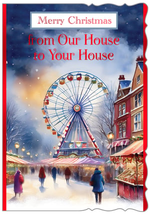 Bring the magic of a winter wonderland to your customers this Christmas with our charming 'House to House' Christmas cards. Featuring a beautifully painted festive scene, complete with a twinkling Ferris wheel, bustling market stalls, and gently falling snow, these cards evoke a warm, nostalgic holiday spirit. The heartfelt message, 'Merry Christmas from Our House to Your House,' makes them perfect for sending seasonal greetings to loved ones near and far. Supplied by Out of The Blue Studios Ltd., each pack contains 6 delightful cards, ready to add a touch of traditional cheer to any display. A truly enchanting choice for the festive season!