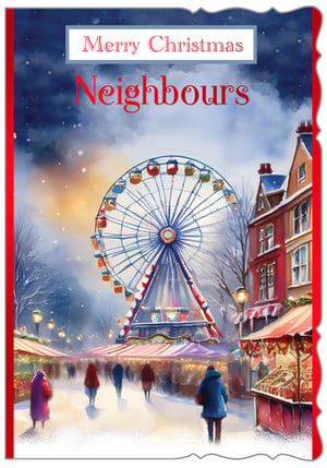 Spread festive cheer to your customers' neighbours this Christmas with our charming 'Neighbours' card, proudly presented by Out of The Blue Studios Ltd. This delightful card showcases a heartwarming winter scene, featuring a majestic Ferris wheel, bustling market stalls, and twinkling lights under a soft, snowy sky. The beautiful watercolour-style artwork captures the joyful spirit of the season, making it the perfect way to send warm wishes to those next door. Each pack contains 6 of these enchanting cards, offering a wonderful opportunity for your customers to share Christmas cheer with their community. A truly inviting design that celebrates the festive season.