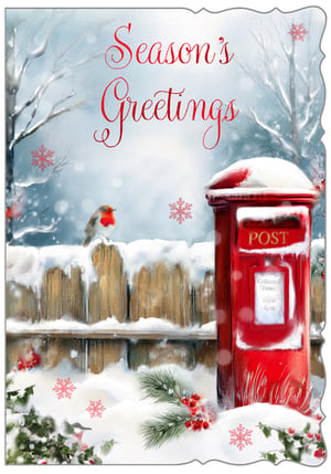 Invite your customers to share the magic of a traditional British winter with this charming Christmas card. Featuring a classic snowy scene, a cheerful robin perches on a snow-laden wooden fence, while a iconic red post box stands ready for festive greetings. Elegant red script wishes 'Season's Greetings' amidst gently falling snowflakes and frosted branches. Adorned with festive holly and berries, this card evokes a sense of nostalgic charm and warmth, perfect for spreading joy this holiday season. Each pack contains 6 beautiful cards, supplied by Out of The Blue Studios Ltd.
