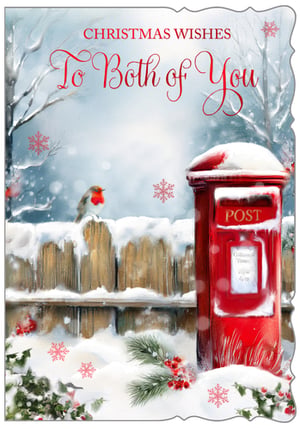 Bring festive cheer to your customers with our delightful 'To Both Of You' Christmas card. This charming design features a classic snowy scene, complete with a friendly robin perched on a fence and a traditional red post box, all under a sprinkle of snowflakes. The message "Christmas Wishes To Both of You" makes it a perfect choice for sending warm greetings to couples. Crafted by Out of The Blue Studios Ltd., these cards are sure to be a popular addition to your holiday range. Available in a convenient pack size of 1x6, they're an ideal stock item for the festive season.
