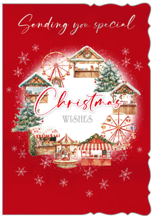 Capture the magic of the festive season with our enchanting 'Open' Christmas card. This beautiful design showcases a vibrant watercolour illustration of a traditional Christmas market, complete with charming stalls, a Ferris wheel, and a delightful carousel, all nestled amongst snow-dusted trees. The rich red border and delicate snowflakes create a truly inviting scene, perfect for sending 'special Christmas WISHES'. A wonderful choice for spreading seasonal cheer. Supplied by Out of The Blue Studios Ltd, this product comes in a convenient pack size of 1x6, ideal for your retail offering.