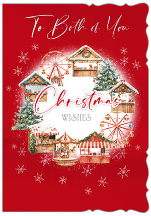 Bring festive cheer to your customers with this delightful "To Both Of You" Christmas card from Out of The Blue Studios Ltd. Featuring a charming Christmas market scene, complete with twinkling Ferris wheels, bustling market stalls, and a joyful carousel, this card is sure to spread holiday magic. The vibrant red background, adorned with delicate snowflakes, perfectly frames the central "Christmas Wishes" message. Ideal for couples, friends, or family, its warm and inviting design captures the spirit of the season. Each pack contains 6 cards, ready to add a touch of traditional Christmas joy to your retail offering.