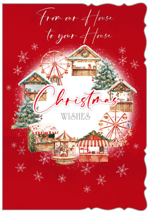 Bring the magic of a festive market right to your customers' homes with our charming 'House to House' Christmas card. This delightful card features a beautifully illustrated Christmas market scene, complete with twinkling stalls, a classic carousel, and majestic Ferris wheels, all nestled amongst snow-dusted Christmas trees and falling snowflakes.
The warm red background perfectly complements the intricate details, creating a truly inviting festive feel. The heartfelt message 'From our House to your House' and 'Christmas Wishes' adds a personal touch, making it ideal for sending warm greetings this holiday season. Perfect for retailers looking to offer high-quality, traditional Christmas cards. Each pack contains 6 cards, ensuring you're well-stocked for the festive rush. Proudly brought to you by Out of The Blue Studios Ltd.