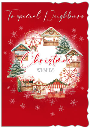 Spread festive cheer to your community with our delightful 'Neighbours' Christmas card! From Out of The Blue Studios Ltd, this charming design features a beautiful Christmas market scene, complete with twinkling stalls, a classic Ferris wheel, and a joyful carousel, all nestled amongst snow-dusted Christmas trees. The heartfelt message 'To special Neighbours' and 'Christmas WISHES' makes it the perfect way for customers to send warm greetings. With its vibrant red background and sparkling snowflake details, this card is sure to catch the eye. Available in a convenient pack of 6, it's an ideal addition to your seasonal greeting card selection, offering a touch of traditional Christmas magic.