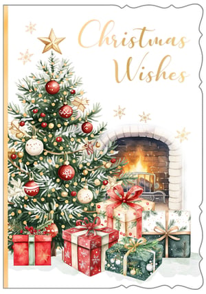 Embrace the festive spirit with this enchanting Christmas card, 'Open', from Out of The Blue Studios Ltd. This delightful design captures the warmth and magic of the season, featuring a beautifully decorated Christmas tree adorned with shimmering baubles and twinkling lights. A generous pile of perfectly wrapped gifts sits invitingly beneath, while a cosy fireplace glows in the background, adding a touch of traditional charm.

The elegant 'Christmas Wishes' script, combined with the charming watercolour style, makes this card a truly special way to send festive greetings. Perfect for spreading joy and goodwill, these cards are supplied in a convenient pack of six, ready to brighten your customers' holiday season.