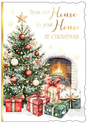 Bring festive cheer to your customers with our delightful "House to House" Christmas cards. This charming design features a beautifully decorated Christmas tree, laden with traditional baubles and a shining star, surrounded by an abundance of thoughtfully wrapped presents. In the background, a warm, crackling fireplace adds to the cozy, inviting atmosphere. The heartfelt message, "From our House to your House AT CHRISTMAS," perfectly captures the spirit of the season. Crafted with exquisite detail by Out of The Blue Studios Ltd., these cards are sure to spread warmth and joy. Available in a convenient pack of 6, they are an essential addition to any festive stationery collection.