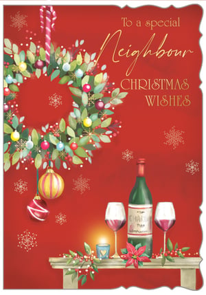 Share festive cheer with your neighbours this Christmas with our charming 'Neighbour' card, designed by Out of The Blue Studios Ltd. This delightful card features a vibrant red background, beautifully adorned with a festive wreath, twinkling baubles, and delicate snowflakes.
The warm scene is completed with a cosy vignette of a wine bottle, two glasses, a glowing candle, and a festive poinsettia, creating an inviting atmosphere. Golden script wishes 'To a special Neighbour' and 'Christmas Wishes', making it the perfect way to send heartfelt greetings.
Each pack contains 6 of these lovely cards, ideal for retailers looking to offer a thoughtful and beautifully designed option for customers to celebrate community spirit this holiday season.