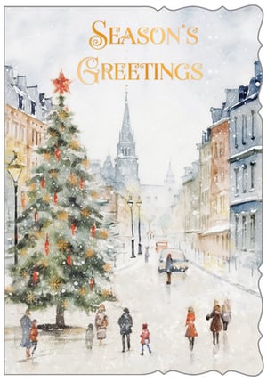 Embrace the enchanting spirit of winter with our 'Season's Greetings' Christmas card. This beautiful watercolour design from Out of The Blue Studios Ltd captures a charming snowy street scene, complete with a magnificent, decorated Christmas tree and bustling figures enjoying the festive atmosphere. The elegant gold 'Season's Greetings' message adds a touch of classic sophistication. Perfect for spreading warmth and cheer, this card evokes a timeless holiday feeling. Each pack contains 6 high-quality cards, left blank inside for your own heartfelt messages. A delightful choice for your customers to share their festive wishes this season.
