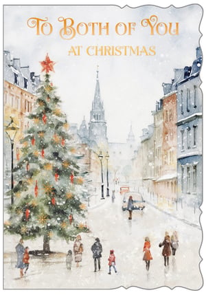 Bring the enchanting spirit of a winter wonderland to your Christmas card collection with this delightful design. Featuring a charming watercolour street scene, complete with a beautifully decorated Christmas tree, falling snow, and festive shoppers, it evokes a truly magical atmosphere.
The heartfelt message, 'To Both Of You AT CHRISTMAS', makes it the perfect choice for couples, friends, or family. These exquisite cards, supplied by Out of The Blue Studios Ltd., offer a touch of traditional elegance. Each pack contains 6 cards, ready to add a warm and inviting option to your seasonal offerings. Your customers will adore sending this picturesque greeting.