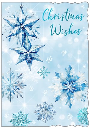 Send warm festive greetings with this stunning 'Christmas Wishes' card from Out of The Blue Studios Ltd. Featuring an elegant design in beautiful shades of blue and white, this card captures the magic of winter. Delicate watercolour-style stars and intricate snowflakes shimmer against a soft, sparkling background, creating a truly enchanting scene. The heartfelt 'Christmas Wishes' message is presented in a graceful script, making this card perfect for spreading joy. Ideal for the holiday season, this 'Open' card is supplied in a convenient pack size of 1x6, ready to delight your customers.